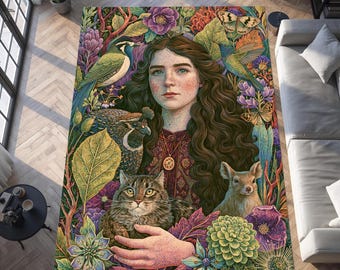Tapis enchanteur pour les amoureux de la nature, décoration boisée fantaisiste, tapis Cottagecore, art fantastique, conception animalière botanique