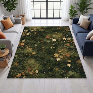 Forest Floor Area Rug, Moss Botanical Woodland Carpet, Cottagecore Green Garden Rug, Leaf Pattern Nature Decor, Forest Rug