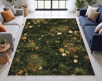 Tapis de sol forestier, tapis botanique des régions boisé mousse, tapis de jardin vert cottage, décoration naturelle motif feuilles, tapis forestier