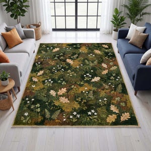Forest Floor Area Rug, Moss Botanical Woodland Carpet, Cottagecore Green Rug, Leaf Pattern Nature Decor, Garden Style Natural Texture Rug