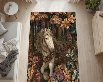 Tapis forêt enchantée pour une décoration fantaisie confortable, tapis cheval blanc avec art de la forêt, élément décoratif Castlecore cottagecore