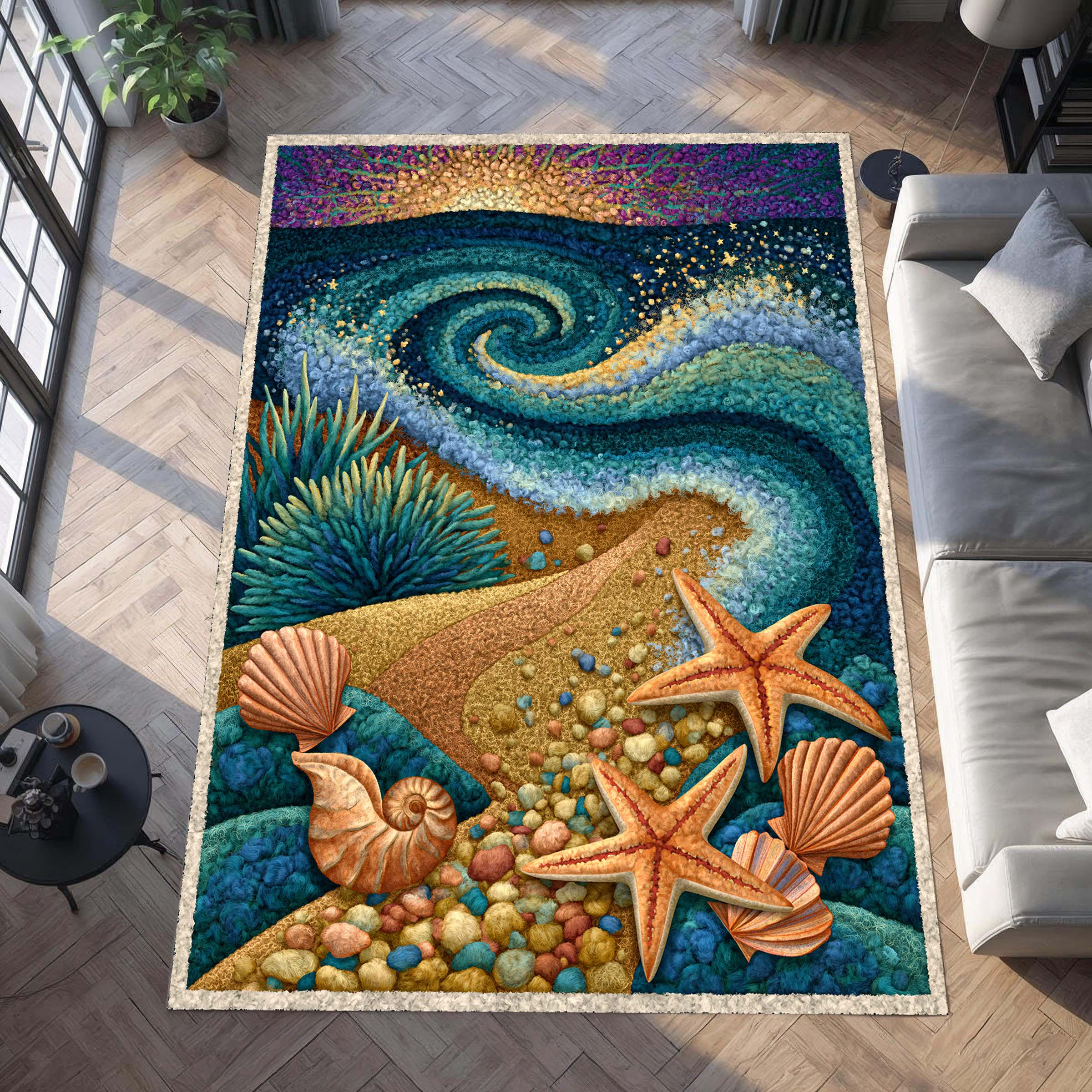3docean Rugs 3D Ocean Wave Rug for Coastal Beach House Decor, Washable Seashell ...