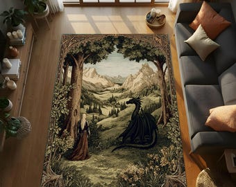 Tapisserie de la vallée des gardiens du dragon, art mural paysage fantastique, décor de vue château médiéval, impression du royaume du dragon mythique