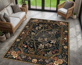 Gothic Botanical Web Rug for Dark Floral Living Room Decor, Washable Victorian Bedroom Carpet, Non Slip Witchy Garden Rug