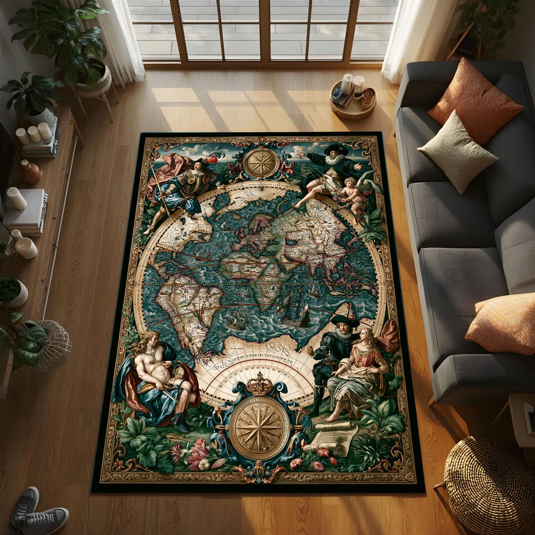 World Explorer Rug Renaissance World Map Rug With Baroque Explorer Art, Antique Compass ...
