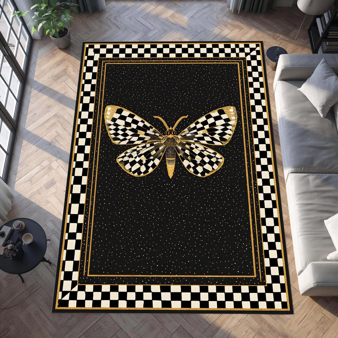 Moth Area Rug Checkerboard Moth Area Rug for Gothic Home, Black Gold Insect Carpet ...