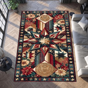 Patriotic Quilt Star Area Rug, Americana Patchwork Carpet, USA Heritage Floral Rug, Vintage Independence Day Decor Floor Mat