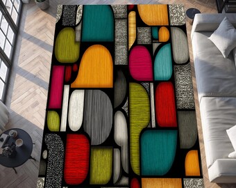 Tapis géométrique moderne pour une décoration intérieure audacieuse, tapis abstrait coloré de style Bauhaus Mid-Century pour le salon