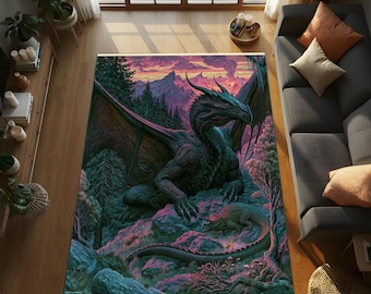 Fantasy Wilderness Rug for Bold Home Decor, Majestic Dragon Carpet with Mountain Valley Art, Gamer Room Castlecore Accent