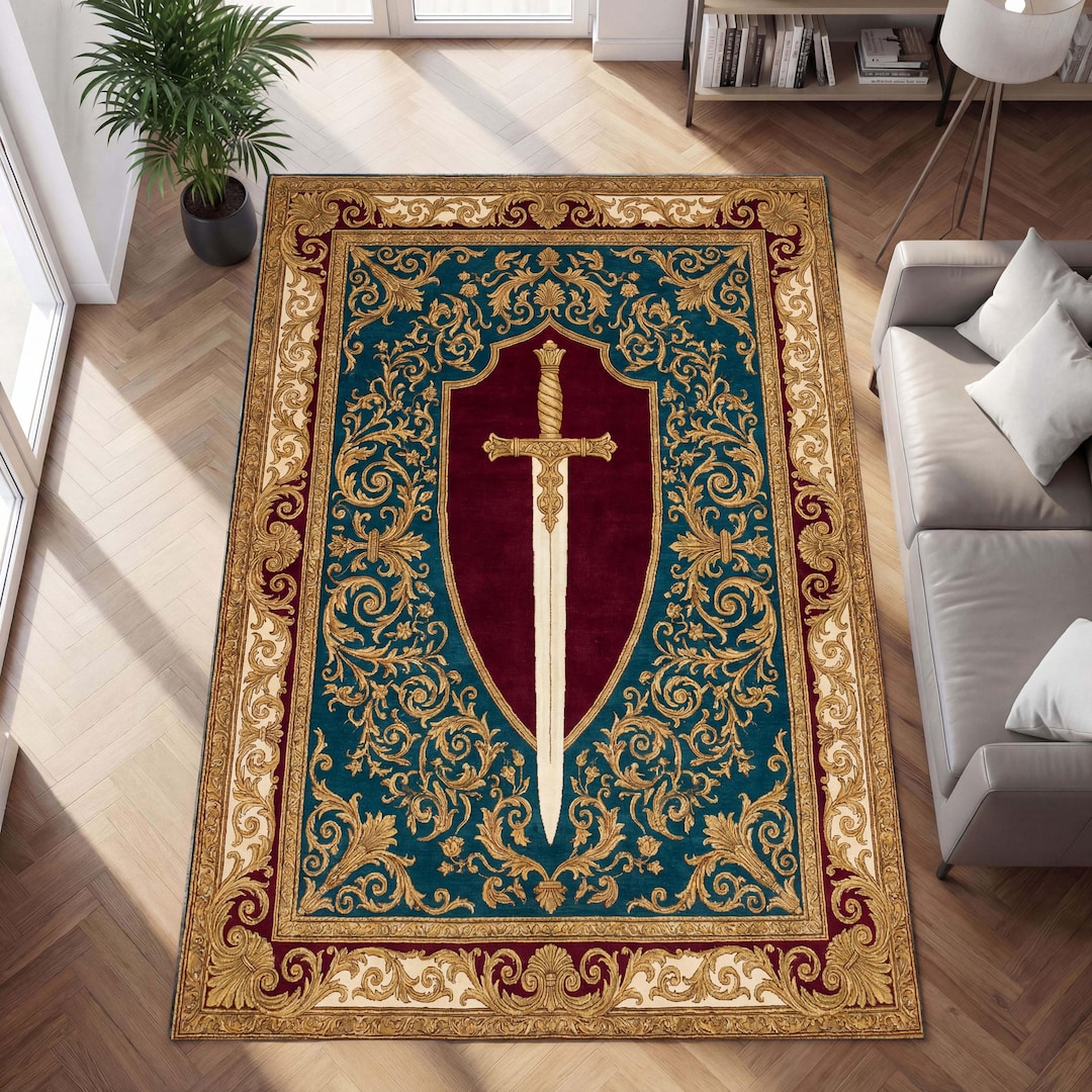 Medieval Area Rug Medieval Sword Area Rug for Castlecore Bedroom Decor, Heraldic Shield ...