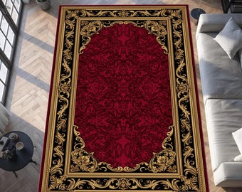 Tapis baroque bordeaux, tapis victorien de luxe, tapis de sol gothique orné, tapis décoratif noir rouge royal pour intérieurs élégants