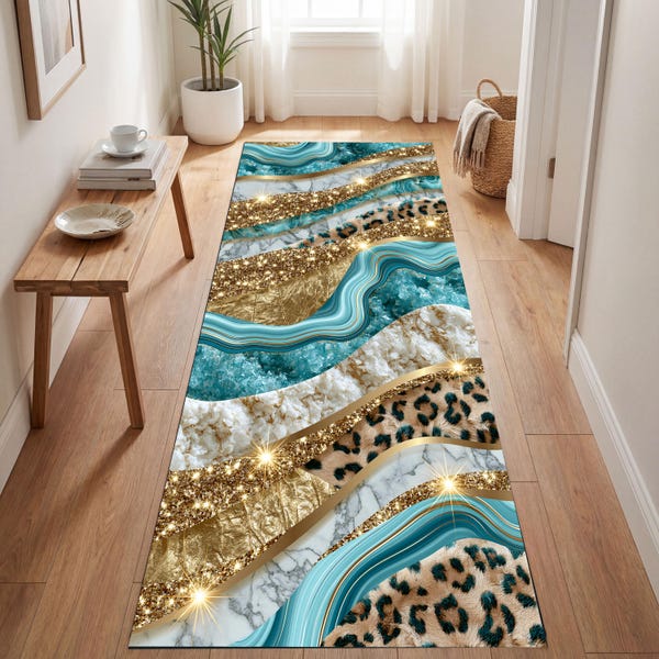 Luxury Teal Gold Runner Rug, Glam Marble Leopard Hallway Carpet, Glitter Abstract Entryway, Modern Animal Print Kitchen Runner Decor Mat