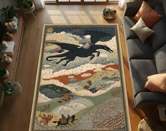 Tapis de voyage céleste mythique pour décoration de chambre livresque, tapis de combat de cavalier de dragon avec nuages célestes et art médiéval