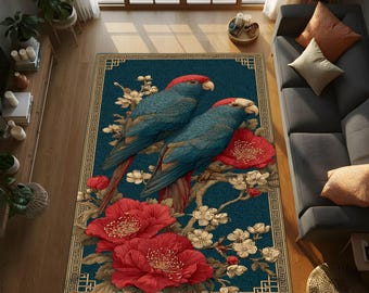 tapis perroquet Rosella vintage, tapis floral oiseau bleu, décor botanique oiseau australien, conception de tapis nature fleur rouge