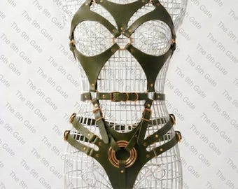 Arnés de cuero con correa, conjunto completo, talla grande, con 3 anillos en O