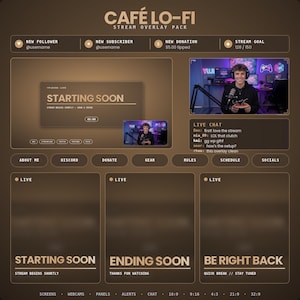 Lo-Fi Twitch Overlay Pack - Cozy Café Study Animated Stream Alerts, Chill Webcam & Panels for OBS, Aesthetic Streamer