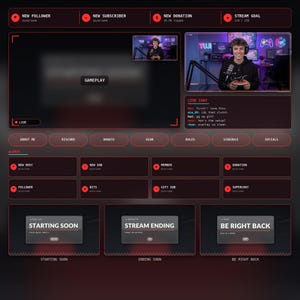 Könnte beinhalten: Ein Streaming-Overlay-Paket im dunklen Design mit roten Akzenten und abgerundeten rechteckigen Feldern. Es enthält Bereiche für Gameplay, Live-Chat, Benachrichtigungen sowie Statusbildschirme für Pausen und Stream-Enden.