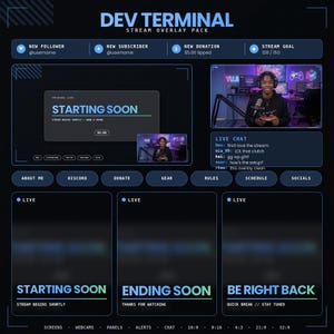 Dev Terminal Animated Stream Overlay Pack - Coding Dev Tech Alerts, Screens & Webcam for OBS