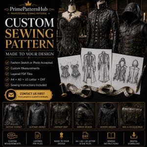 May include: A digital advertisement for PrimePatternHub custom sewing patterns featuring sketches of a corset, jacket, and hooded vest. The image displays text including Custom Sewing Pattern, Made to Your Design, and Contact Us First, alongside a measuring tape and thread spool.