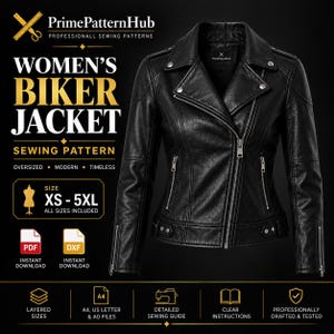 May include: A black leather biker jacket with silver zippers and snap buttons, featured in a sewing pattern listing by PrimePatternHub. The text includes 'WOMEN'S BIKER JACKET SEWING PATTERN', 'SIZE XS - 5XL', 'PDF', 'DXF', 'INSTANT DOWNLOAD', and 'LAYERED SIZES'.