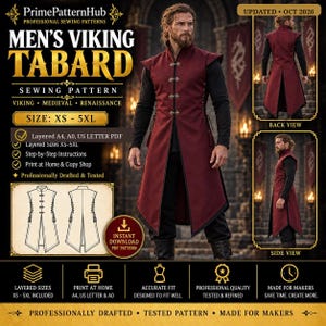 May include: A digital sewing pattern for a sleeveless tabard featuring a high collar, front toggle closures, and side lacing. The pattern includes sizes XS to 5XL, with layered A4, A0, and US Letter PDF formats for home printing and copy shops.