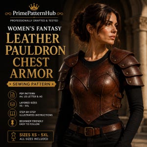 May include: A brown leather chest armor and pauldron set featuring layered shoulder plates and a fitted bodice with metal rivets and side buckles. The text reads PrimePatternHub, Women's Fantasy Leather Pauldron Chest Armor, Sewing Pattern, PDF Pattern, A4, US Letter & A0, Layered Sizes XS-5XL, Step-by-step Illustrated Instructions, Beginner Friendly, Easy to Follow, Sizes XS-5XL All Sizes Included.