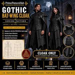 May include: A digital sewing pattern for a Gothic bat-wing cloak by PrimePatternHub. The image displays the text Gothic Bat-Wing Cloak, features two individuals wearing black cloaks with scalloped hems, and includes technical line drawings.