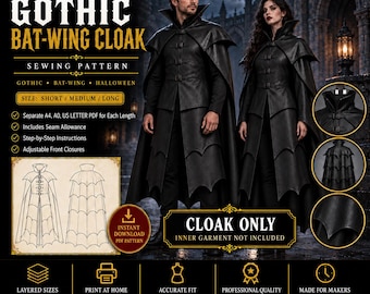 Wzór na gotycką pelerynę z nietoperzowym skrzydłem | Peleryna wampira, LARP, Cosplay (PDF DXF)