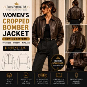 May include: A brown cropped bomber jacket sewing pattern by PrimePatternHub. The design features a collared front, long sleeves with cuffs, and an elasticated hem. Includes technical line drawings, size range XS-5XL, and digital download details.