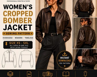 Women's Cropped Bomber Jacket Sewing Pattern | Oversized Faux Leather PDF (XS-5XL)