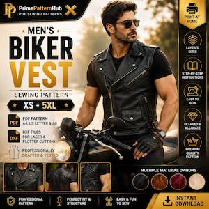 Op de afbeelding: Een digitaal naaipatroon voor een zwart leren biker-vest met een reverskraag, asymmetrische rits en zakken. Het patroon bevat de maten XS tot 5XL, PDF-bestanden voor A4, US Letter en A0-afdrukken, DXF-bestanden en gedetailleerde instructies.