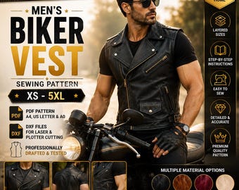 Wykrój na męską kamizelkę motocyklową | Styl MC, skóra, dżins, twill (do pobrania natychmiast)