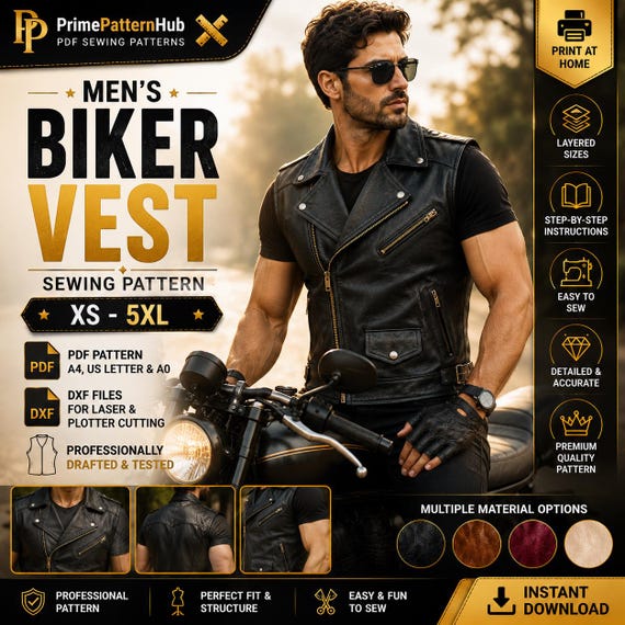 Men's Biker Vest Sewing Pattern | MC Style, Leather, Denim, Twill (Instant Download)