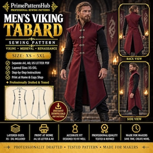 May include: A digital sewing pattern for a sleeveless tabard featuring a high collar, front metal clasps, and side lacing. The design includes a long, structured silhouette in deep red with black trim, shown in front, back, and side views.