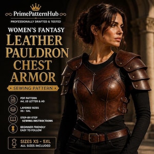 May include: A brown leather pauldron chest armor sewing pattern by PrimePatternHub. The text reads: Women's Fantasy Leather Pauldron Chest Armor, Sewing Pattern, PDF Pattern A4, US Letter & A0, Layered Sizes XS-5XL, Step-by-step sewing instructions.