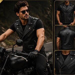 May include: A black leather motorcycle vest featuring a notched lapel, an asymmetrical front zip closure, multiple zipped pockets, and silver-toned metal snap buttons. The vest includes a back panel with a yoke and a fitted waist design.