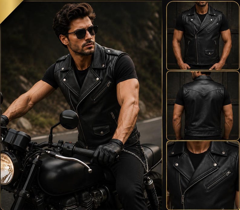 May include: A black leather motorcycle vest featuring a notched lapel, an asymmetrical front zip closure, multiple zipped pockets, and silver-toned metal snap buttons. The vest includes a back panel with a yoke and a fitted waist design.