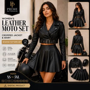 May include: A black leather moto set sewing pattern featuring a cropped jacket with a buckled waist and a flared skirt. The digital product includes PDF files for A4, US letter, and A0 formats, detailed instructions, and sizes ranging from XS to 5XL.