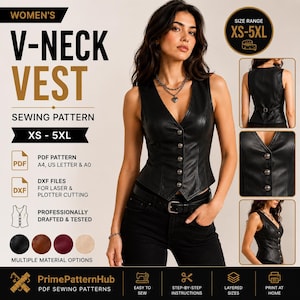 May include: A digital sewing pattern for a V-neck vest in sizes XS-5XL. The image displays a black leather-look vest with five front buttons, a pointed hem, and a back strap. Text includes V-NECK VEST SEWING PATTERN, PDF, DXF, and PrimePatternHub.