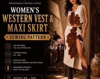 Wzór do szycia kamizelki i długiej spódnicy w stylu western (PDF), kostium kowbojki XS-5XL