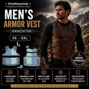 Men's Medieval Armor Vest Sewing Pattern, LARP Fantasy Viking Cosplay PDF (XS-5XL)