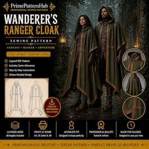 Puede incluir: Un patrón de costura digital para una capa con capucha titulado Wanderer's Ranger Cloak. La imagen muestra el nombre del patrón, texto e ilustraciones de una capa con capucha en longitudes corta, media y larga, incluyendo iconos de PDF.