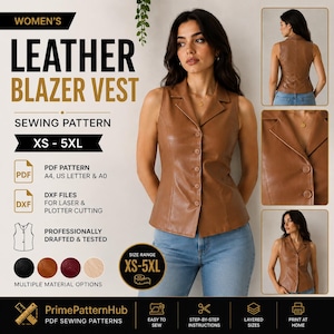 Women's Leather Vest Sewing Pattern | Fitted Blazer Vest PDF & DXF, XS-5XL | Instant Download