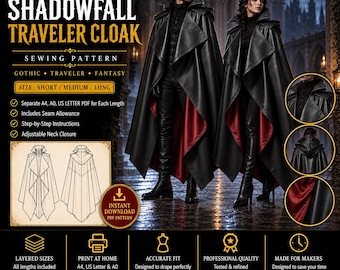 Wzór na wampirzy płaszcz z kapturem w formacie PDF | Gotycki pelerynowy kostium na Halloween | Krótkie, standardowe, długie rozmiary