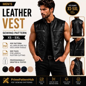May include: A black leather vest sewing pattern featuring a front zipper, two chest pockets, and two lower pockets. The digital file includes PDF and DXF formats for sizes XS-5XL, with OCG layer toggle, step-by-step instructions, and print-at-home options.