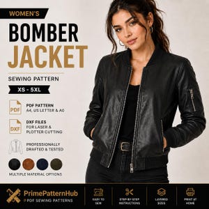 May include: A black bomber jacket sewing pattern featuring text that reads BOMBER JACKET, XS-5XL, PDF PATTERN, DXF FILES, and PrimePatternHub. The design includes a front zip, ribbed collar, cuffs, and a zipped utility pocket on the left sleeve.