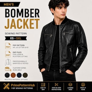 May include: A digital sewing pattern for a bomber jacket, featuring text that reads MEN'S BOMBER JACKET SEWING PATTERN XS - 5XL. The image displays a black leather-style jacket with a front zipper, two chest pockets, and ribbed cuffs.