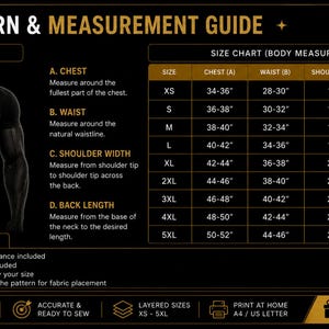 May include: A black pattern and measurement guide featuring a silhouette of a torso with dashed lines indicating chest, waist, shoulder, and back length measurements. A size chart lists dimensions from XS to 5XL in inches for garment construction.
