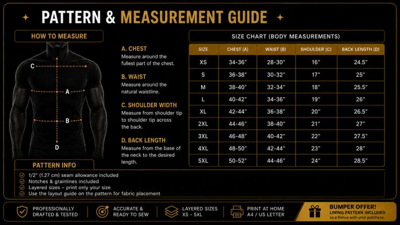 May include: A black pattern and measurement guide featuring a silhouette of a torso with dashed lines indicating chest, waist, shoulder, and back length measurements. A size chart lists dimensions from XS to 5XL in inches for garment construction.