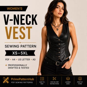 May include: A black V-neck vest sewing pattern featuring sizes XS-5XL. The text reads: WOMEN'S V-NECK VEST SEWING PATTERN, XS-5XL, PDF, A4, US LETTER, A0, PROFESSIONALLY DRAFTED & TESTED, PrimePatternHub PDF SEWING PATTERNS, EASY TO SEW, STEP-BY-STEP INSTRUCTIONS, LAYERED SIZES, PRINT AT HOME.
